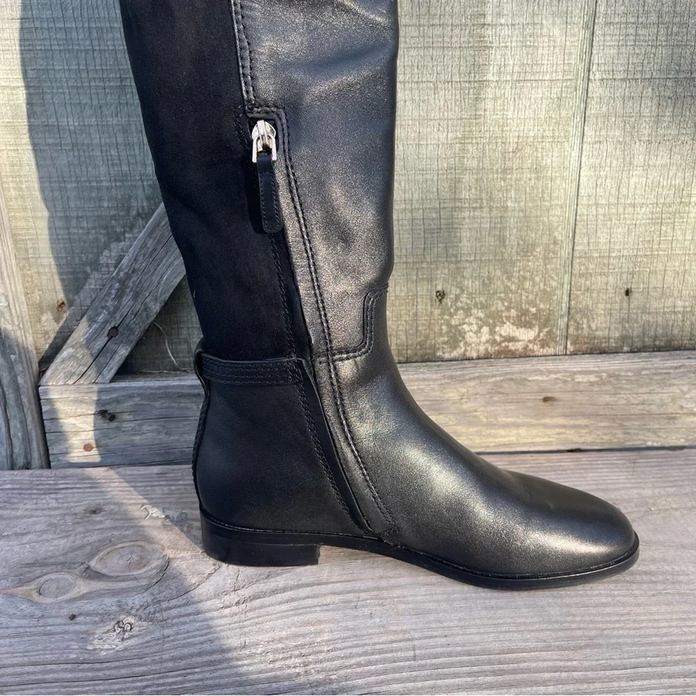NEW Tory Burch Wyatt Over The Knee Boots Black Leather Logo Riding Boots Size 5